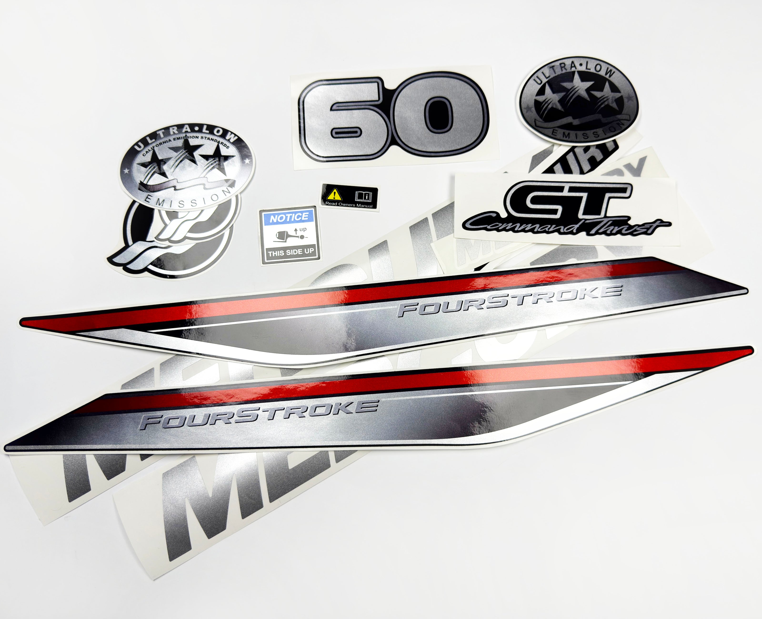 Vinyl graphic silver shimmer decals set suitable for Mercury 60 hp four stroke outboard engine. Vinyl silver shimmer stickers kit for Mercury 60 hp four stroke Handmade