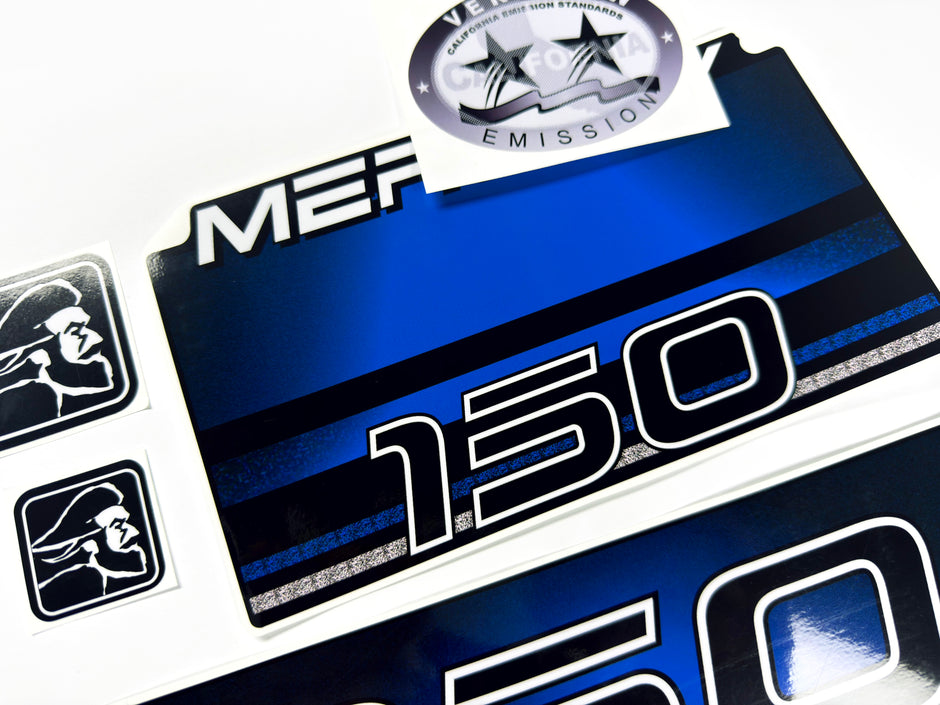 Vinyl blue graphic decals set suitable for Mercury 150 hp two stroke outboard engine. Vinyl stickers kit for Mercury 150 hp Handmade