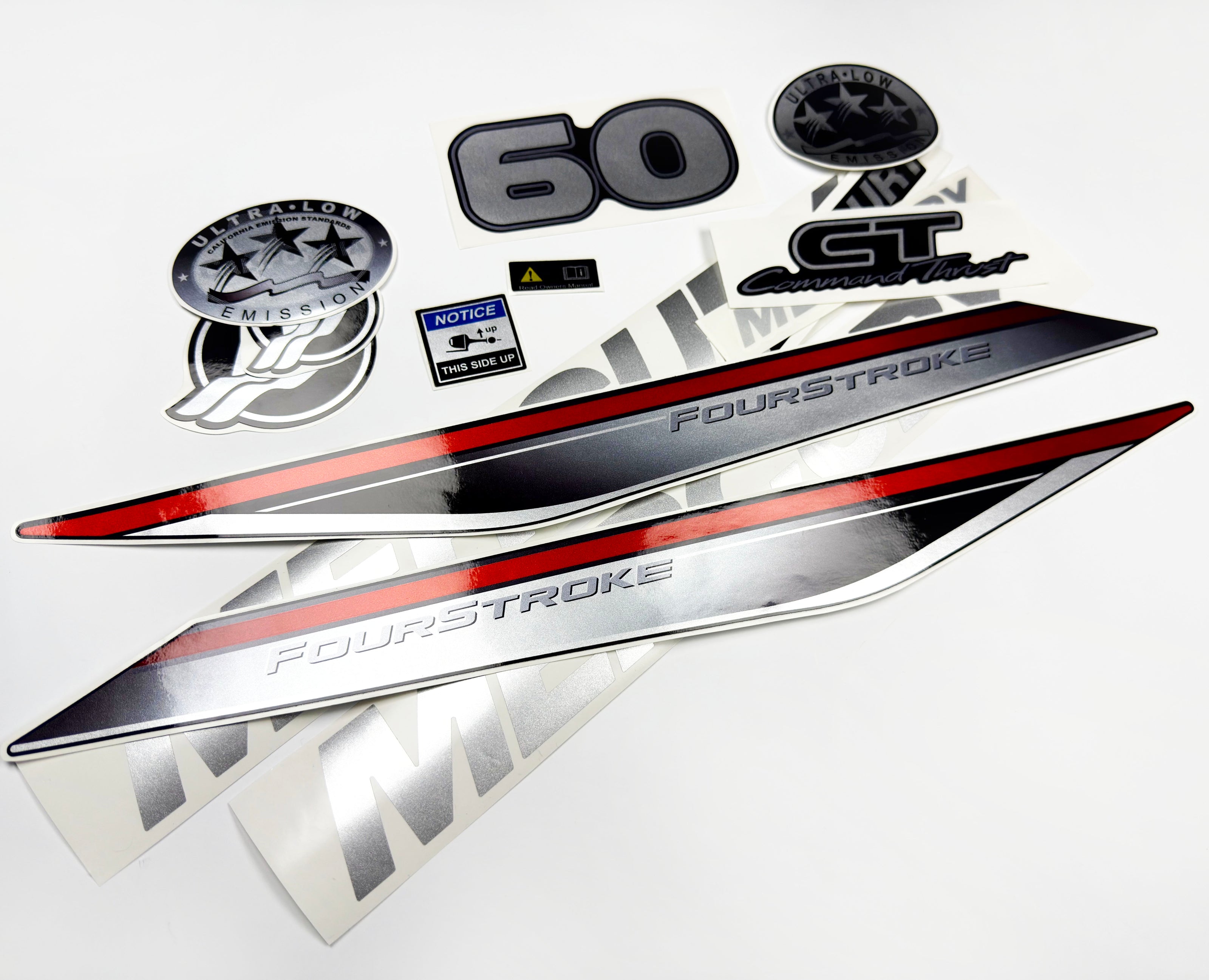 Vinyl graphic silver shimmer decals set suitable for Mercury 60 hp four stroke outboard engine. Vinyl silver shimmer stickers kit for Mercury 60 hp four stroke Handmade