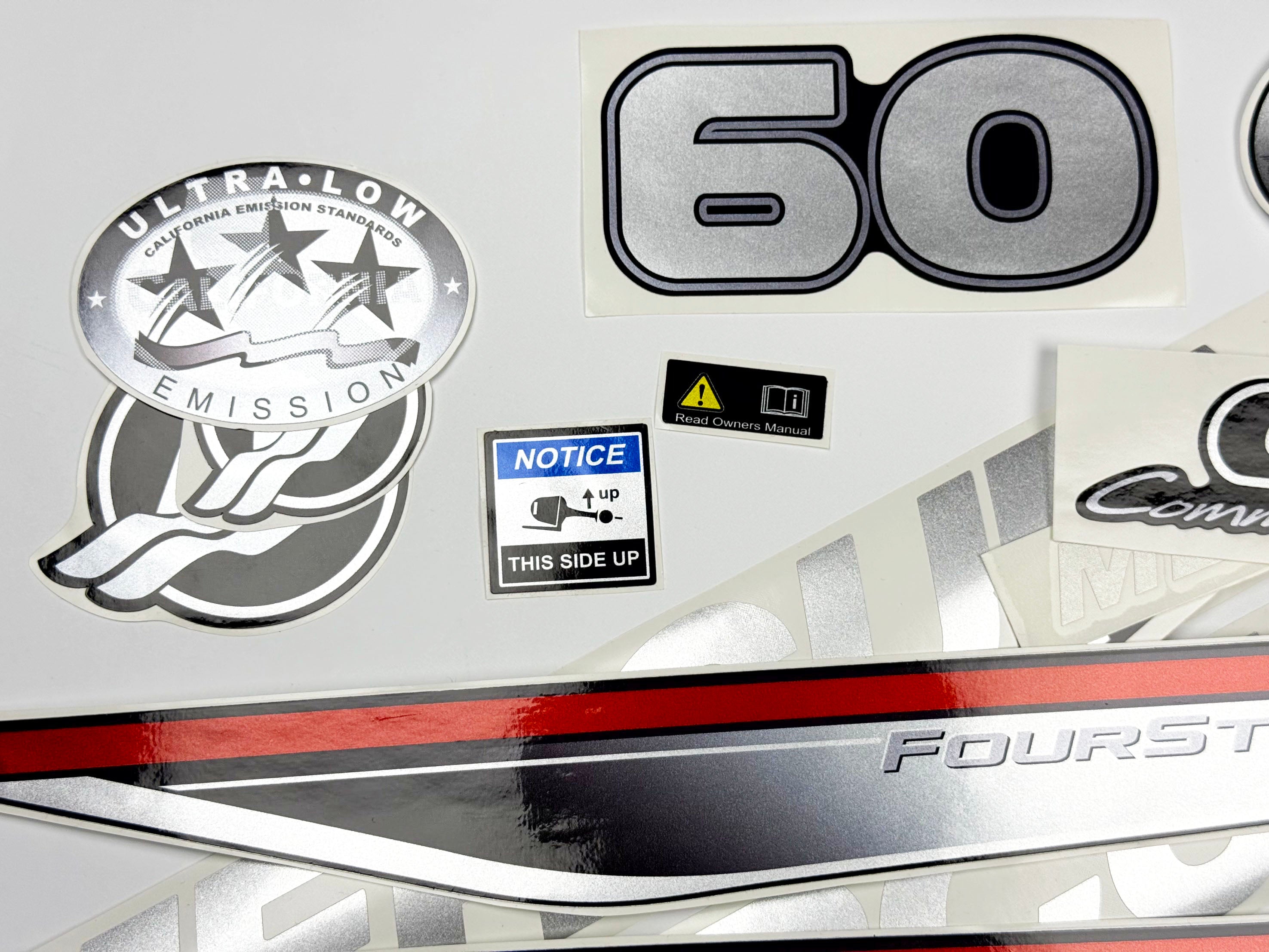 Vinyl graphic silver shimmer decals set suitable for Mercury 60 hp four stroke outboard engine. Vinyl silver shimmer stickers kit for Mercury 60 hp four stroke Handmade