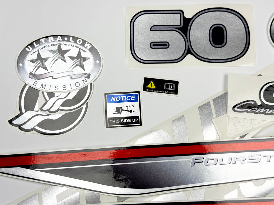 Vinyl graphic silver shimmer decals set suitable for Mercury 60 hp four stroke outboard engine. Vinyl silver shimmer stickers kit for Mercury 60 hp four stroke Handmade