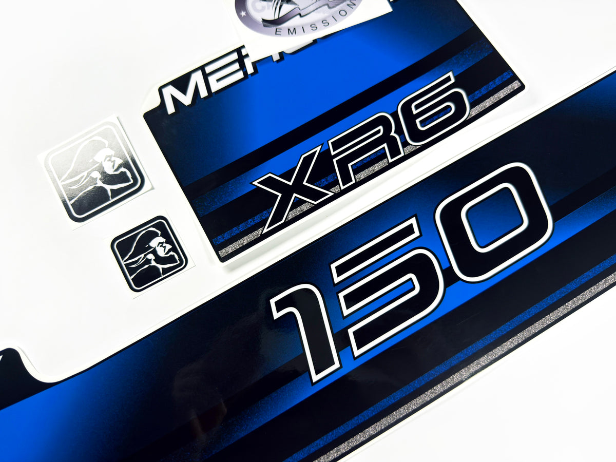 Vinyl blue graphic decals set suitable for Mercury 150 hp XR6 two stroke outboard engine. Vinyl stickers kit for Mercury 150 hp Handmade