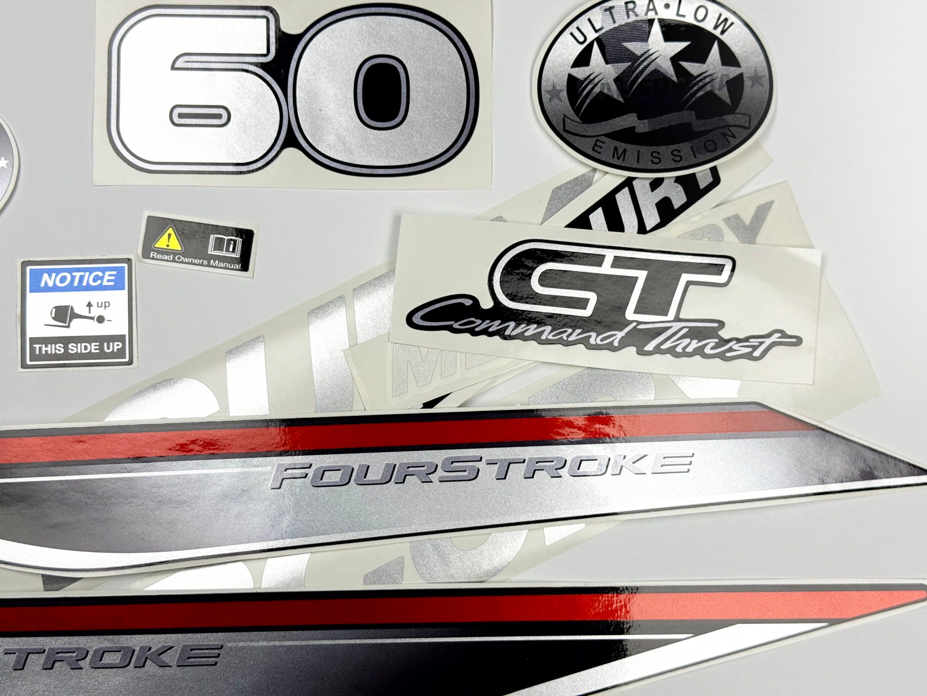 Vinyl graphic silver shimmer decals set suitable for Mercury 60 hp four stroke outboard engine. Vinyl silver shimmer stickers kit for Mercury 60 hp four stroke Handmade