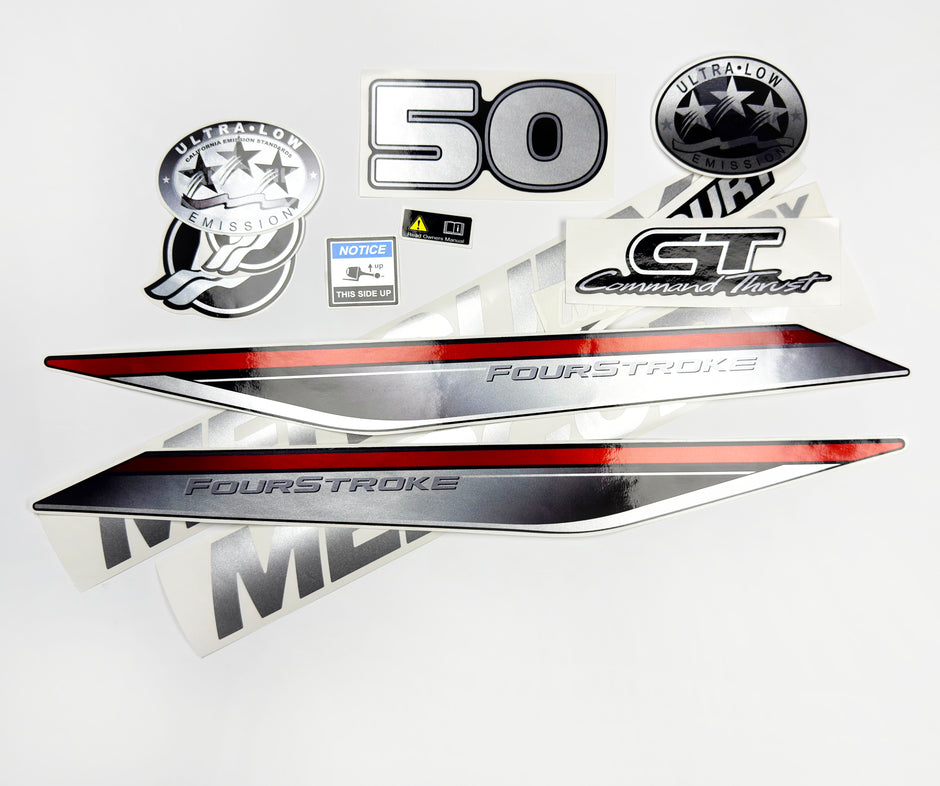 Vinyl graphic silver shimmer decals set suitable for Mercury 50 hp four stroke outboard engine. Vinyl silver shimmer stickers kit for Mercury 50 hp four stroke Handmade