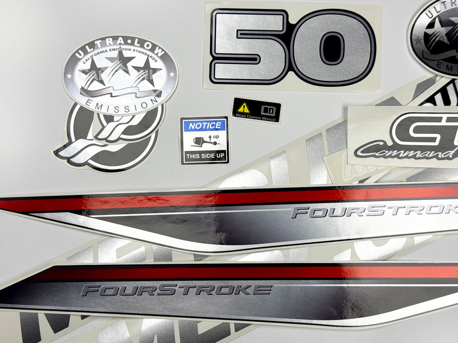 Vinyl graphic silver shimmer decals set suitable for Mercury 50 hp four stroke outboard engine. Vinyl silver shimmer stickers kit for Mercury 50 hp four stroke Handmade