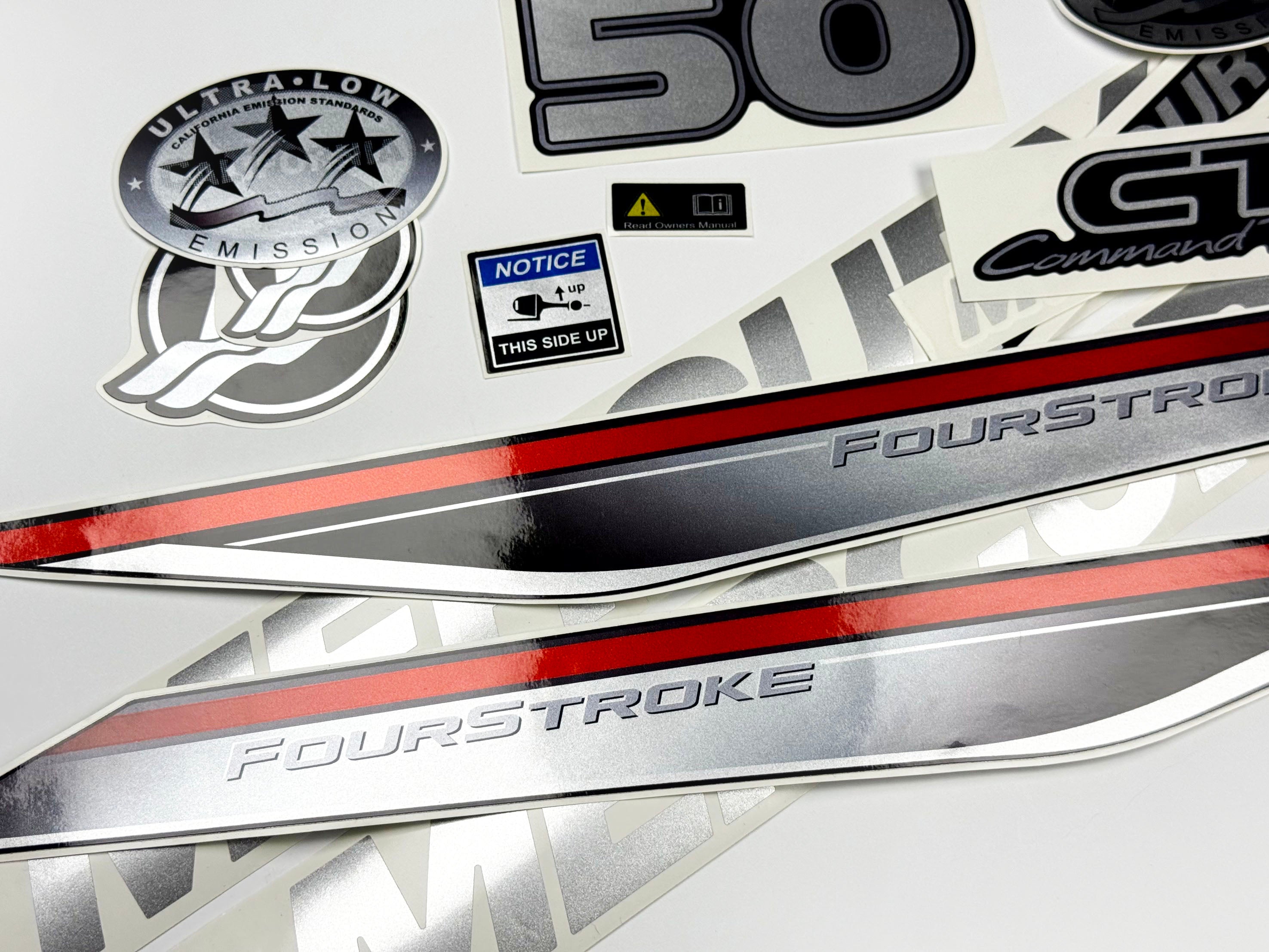 Vinyl graphic silver shimmer decals set suitable for Mercury 50 hp four stroke outboard engine. Vinyl silver shimmer stickers kit for Mercury 50 hp four stroke Handmade