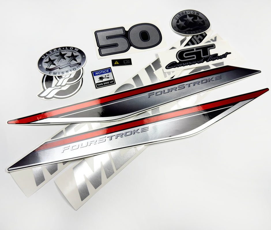 Vinyl graphic silver shimmer decals set suitable for Mercury 50 hp four stroke outboard engine. Vinyl silver shimmer stickers kit for Mercury 50 hp four stroke Handmade