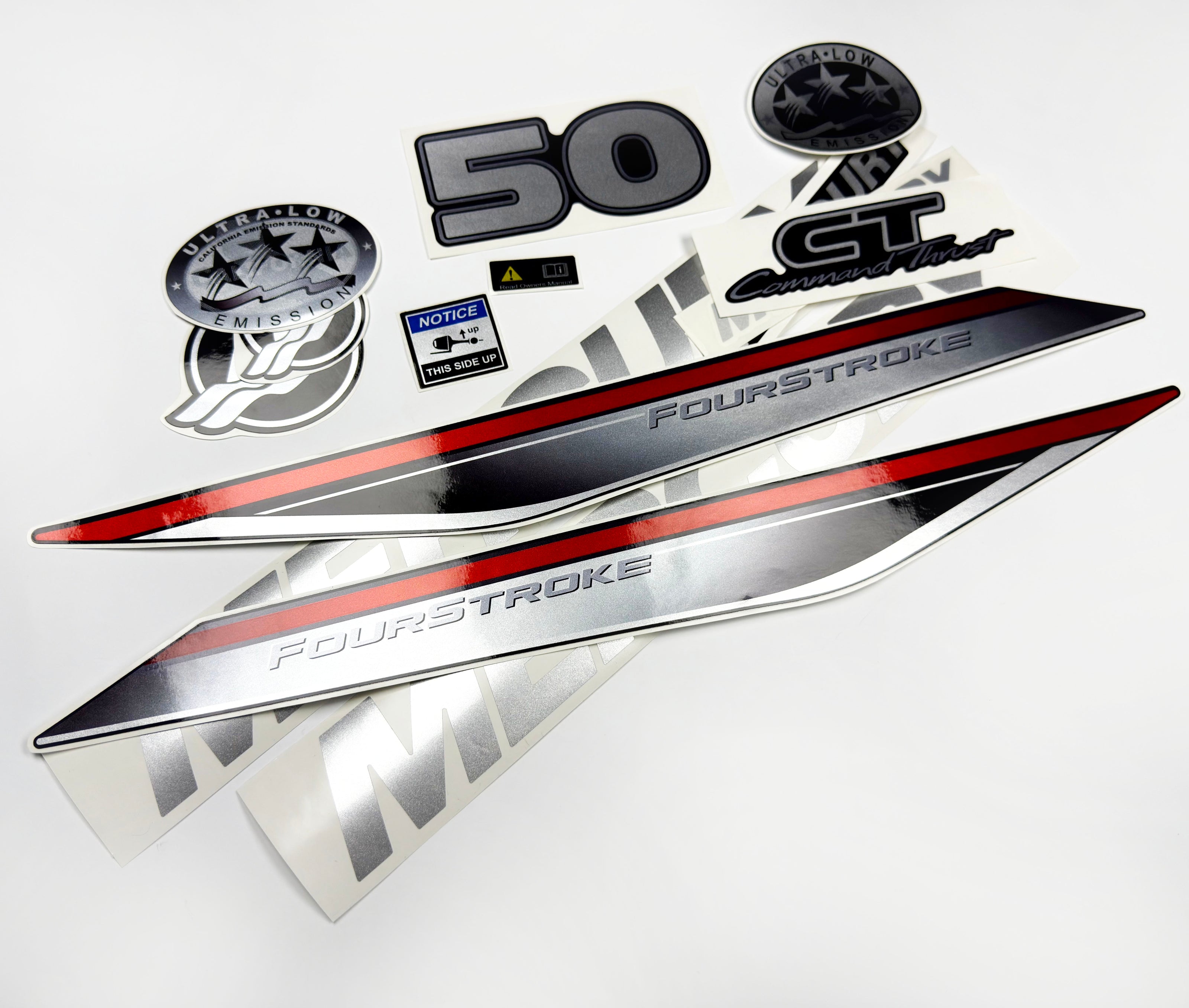 Vinyl graphic silver shimmer decals set suitable for Mercury 50 hp four stroke outboard engine. Vinyl silver shimmer stickers kit for Mercury 50 hp four stroke Handmade