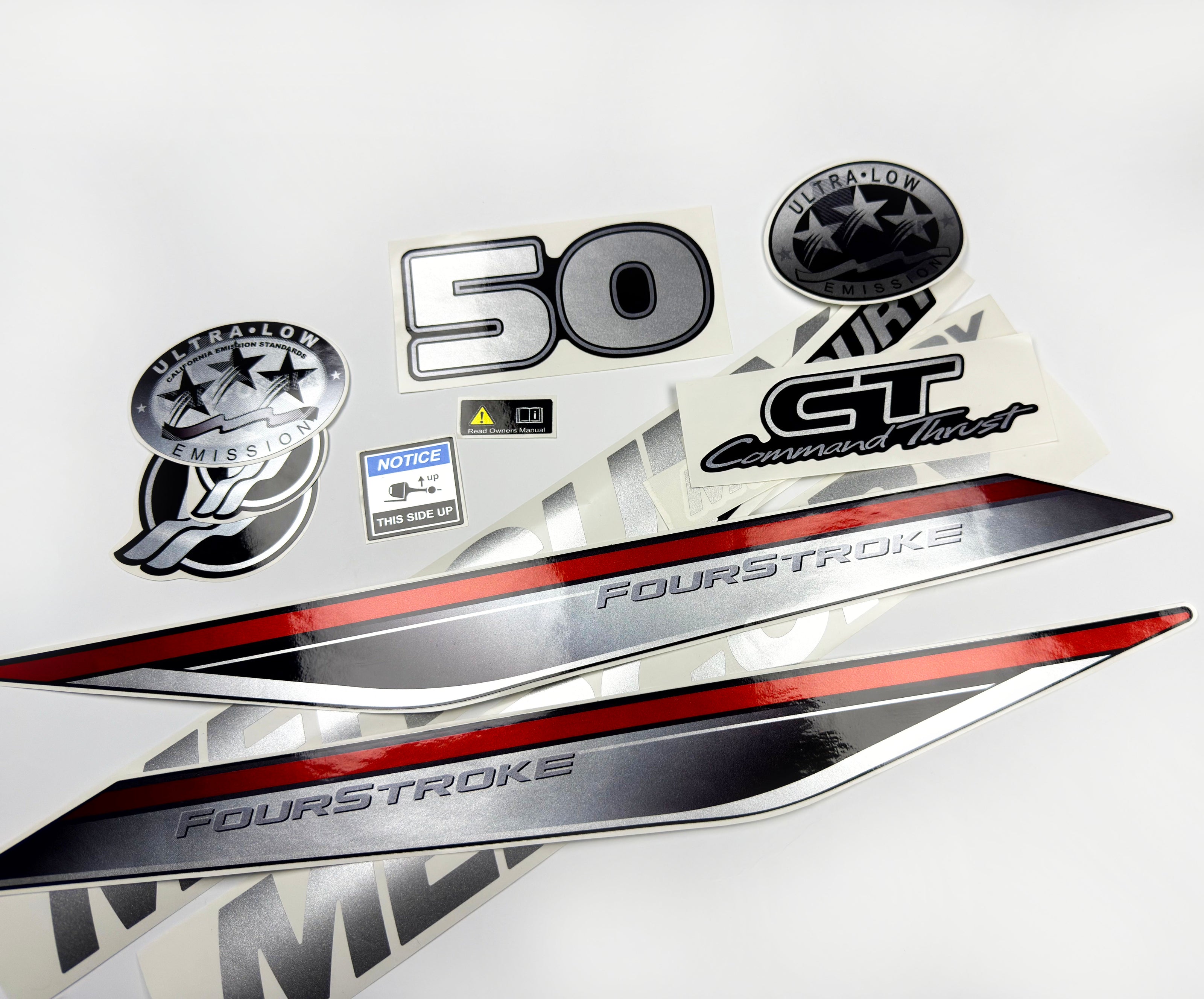 Vinyl graphic silver shimmer decals set suitable for Mercury 50 hp four stroke outboard engine. Vinyl silver shimmer stickers kit for Mercury 50 hp four stroke Handmade