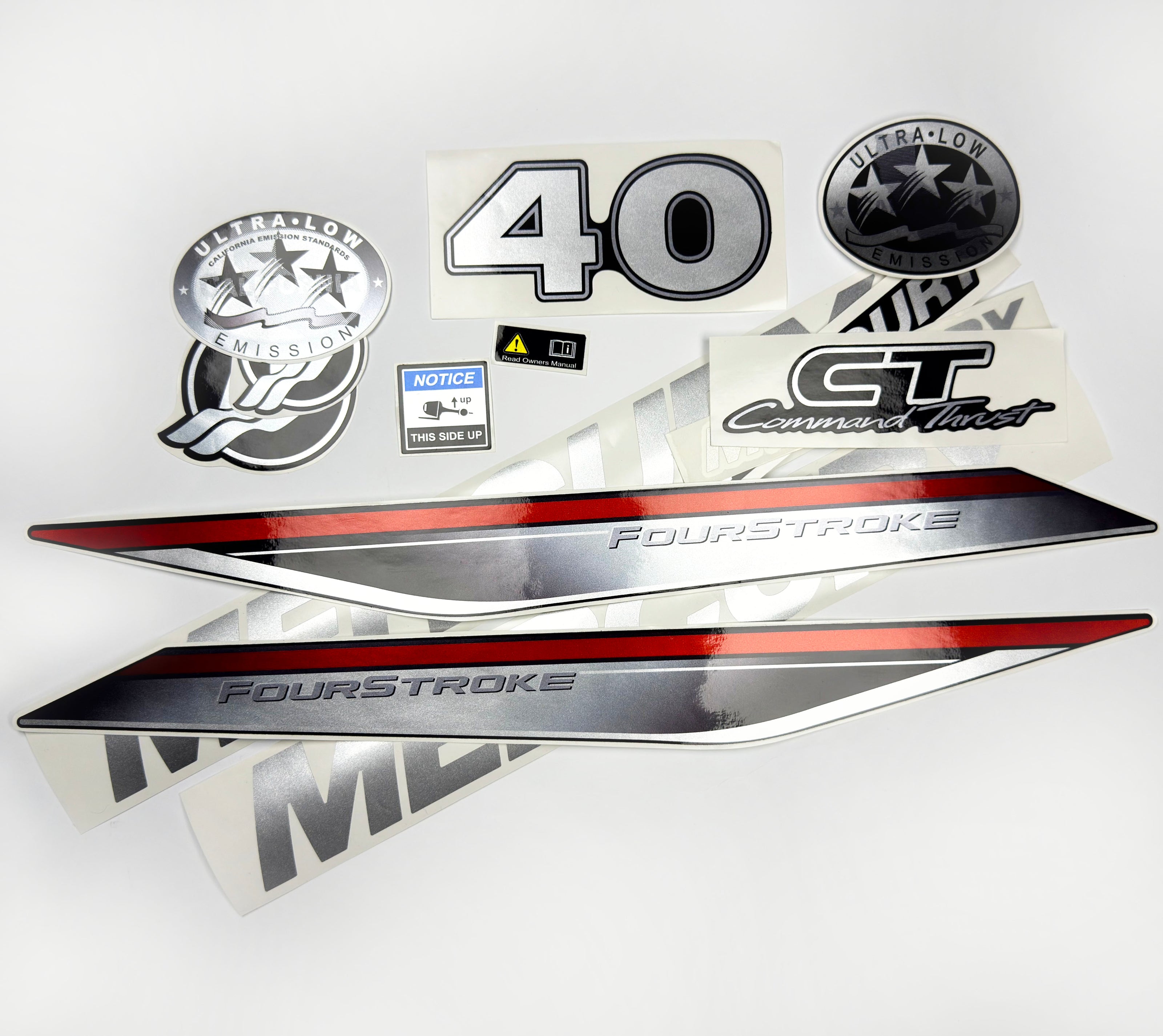 Vinyl graphic silver shimmer decals set suitable for Mercury 40 hp four stroke outboard engine. Vinyl silver shimmer stickers kit for Mercury 40 hp four stroke Handmade