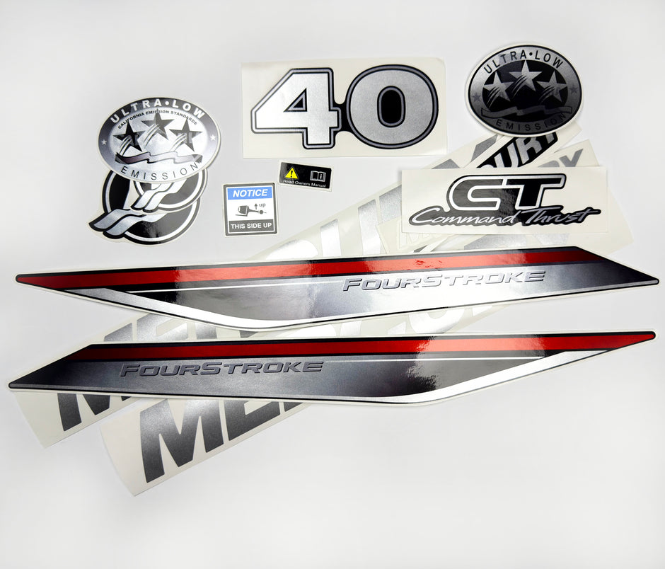 Vinyl graphic silver shimmer decals set suitable for Mercury 40 hp four stroke outboard engine. Vinyl silver shimmer stickers kit for Mercury 40 hp four stroke Handmade