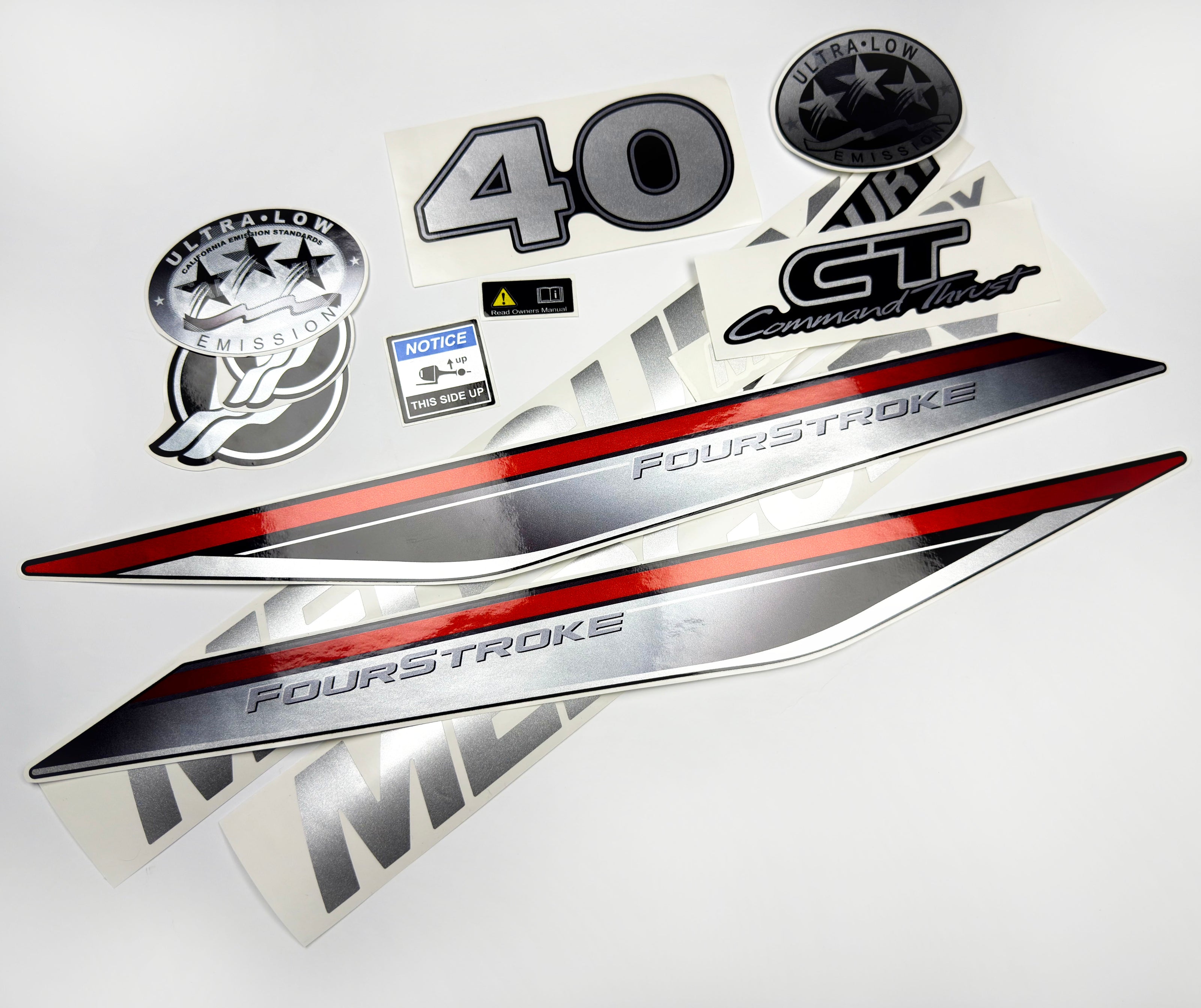 Vinyl graphic silver shimmer decals set suitable for Mercury 40 hp four stroke outboard engine. Vinyl silver shimmer stickers kit for Mercury 40 hp four stroke Handmade