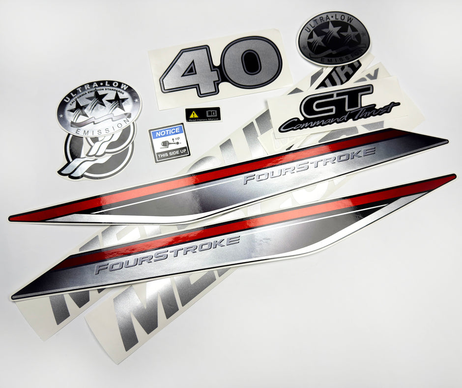Vinyl graphic silver shimmer decals set suitable for Mercury 40 hp four stroke outboard engine. Vinyl silver shimmer stickers kit for Mercury 40 hp four stroke Handmade