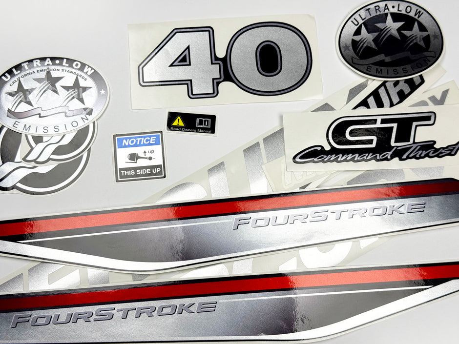 Vinyl graphic silver shimmer decals set suitable for Mercury 40 hp four stroke outboard engine. Vinyl silver shimmer stickers kit for Mercury 40 hp four stroke Handmade