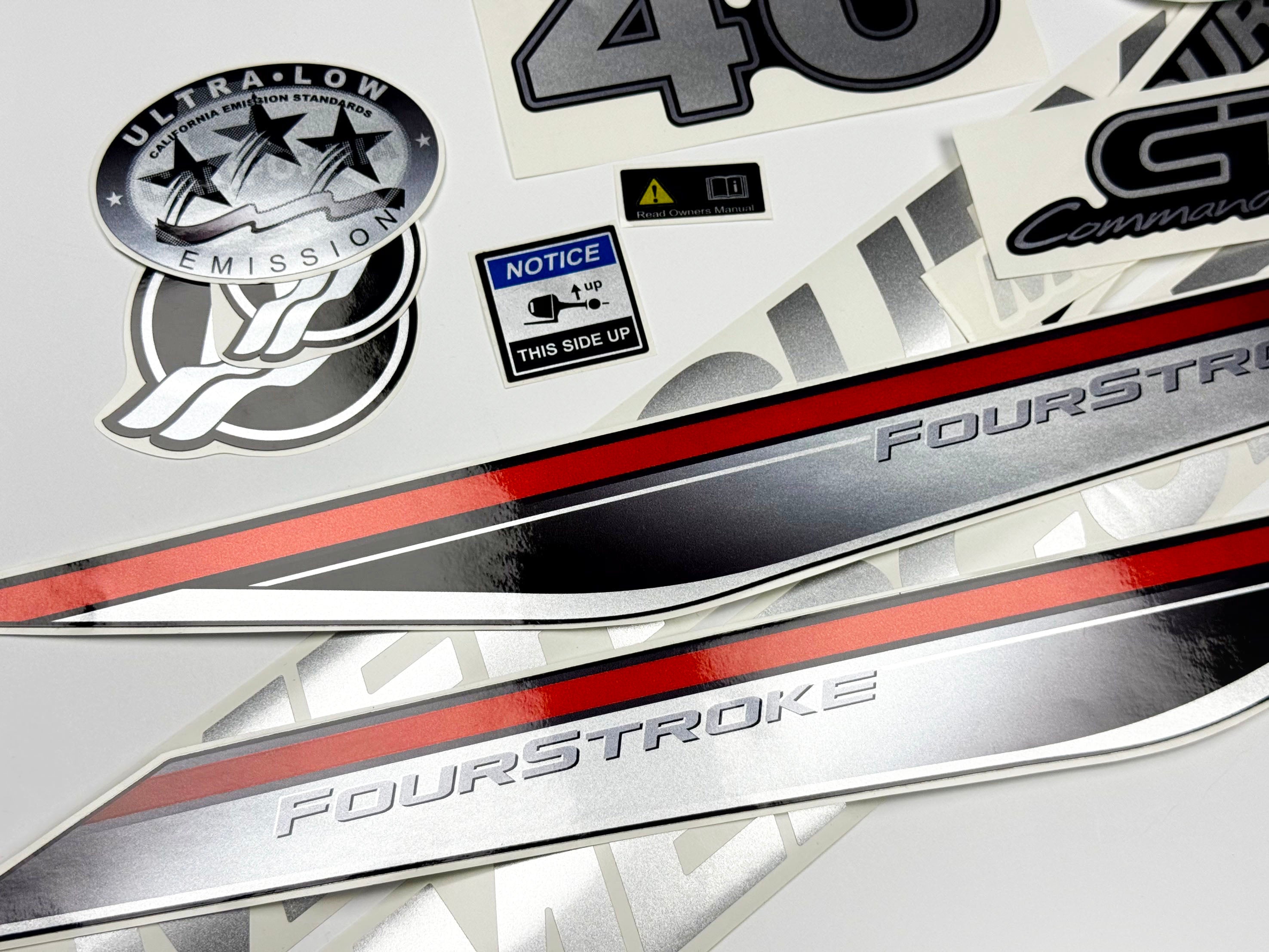 Vinyl graphic silver shimmer decals set suitable for Mercury 40 hp four stroke outboard engine. Vinyl silver shimmer stickers kit for Mercury 40 hp four stroke Handmade