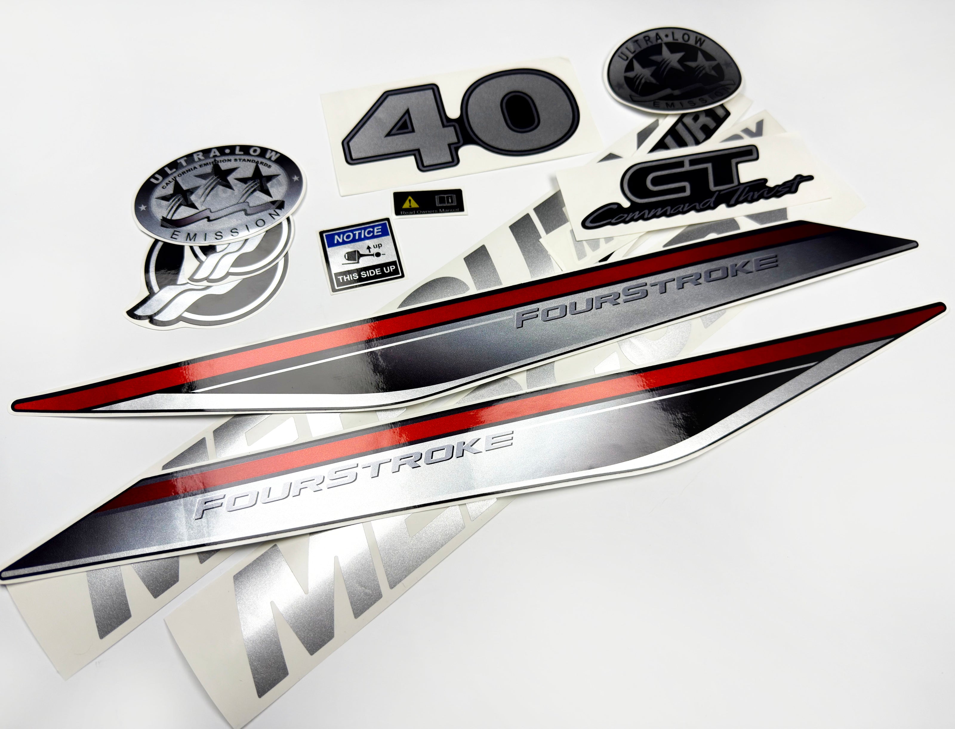 Vinyl graphic silver shimmer decals set suitable for Mercury 40 hp four stroke outboard engine. Vinyl silver shimmer stickers kit for Mercury 40 hp four stroke Handmade