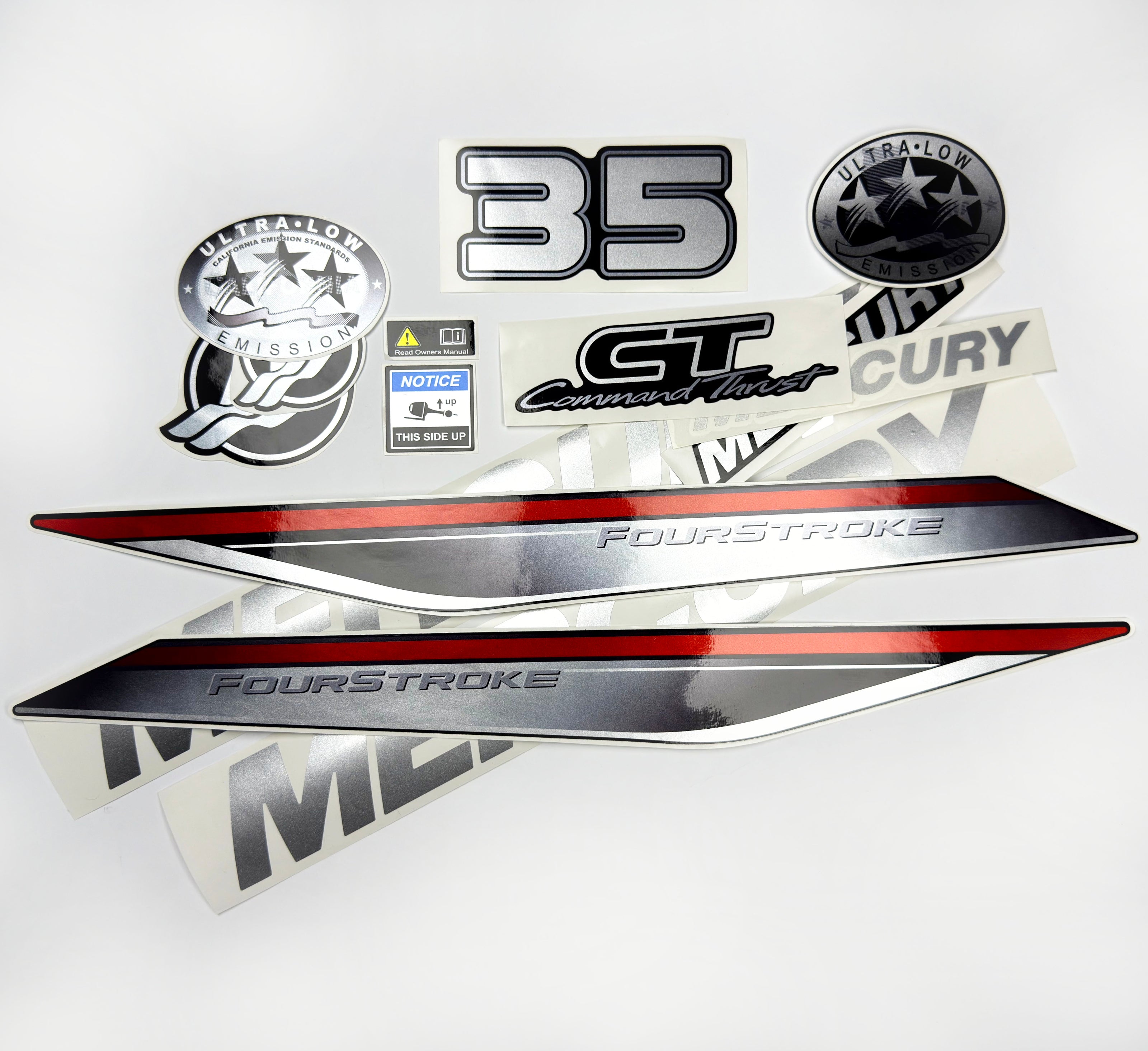 Vinyl graphic silver shimmer decals set suitable for Mercury 35 hp four stroke outboard engine. Vinyl silver shimmer stickers kit for Mercury 35 hp four stroke Handmade