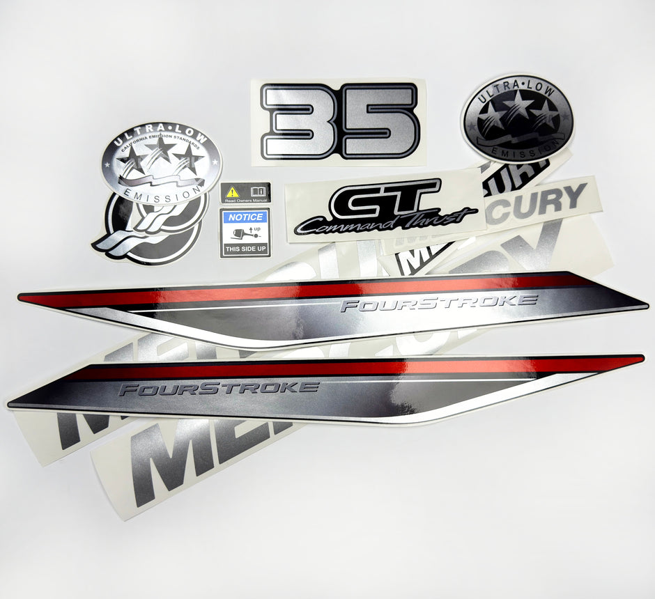 Vinyl graphic silver shimmer decals set suitable for Mercury 35 hp four stroke outboard engine. Vinyl silver shimmer stickers kit for Mercury 35 hp four stroke Handmade
