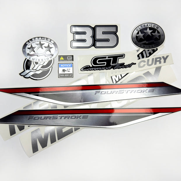 Vinyl graphic silver shimmer decals set suitable for Mercury 35 hp four stroke outboard engine. Vinyl silver shimmer stickers kit for Mercury 35 hp four stroke Handmade