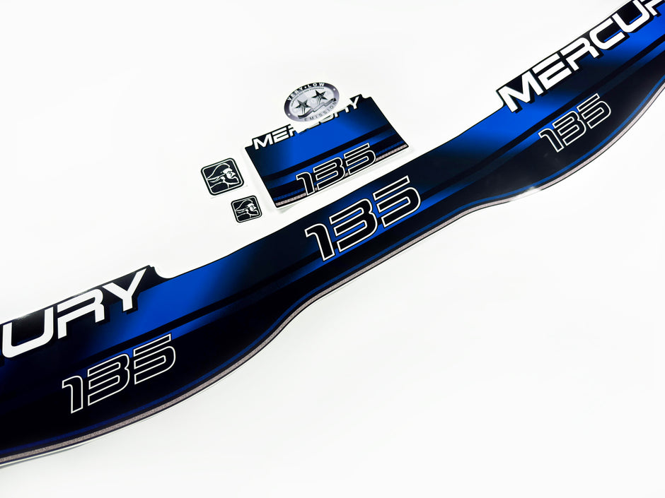 Vinyl blue graphic decals set suitable for Mercury 135 hp two stroke outboard engine. Vinyl stickers kit for Mercury 135 hp Handmade
