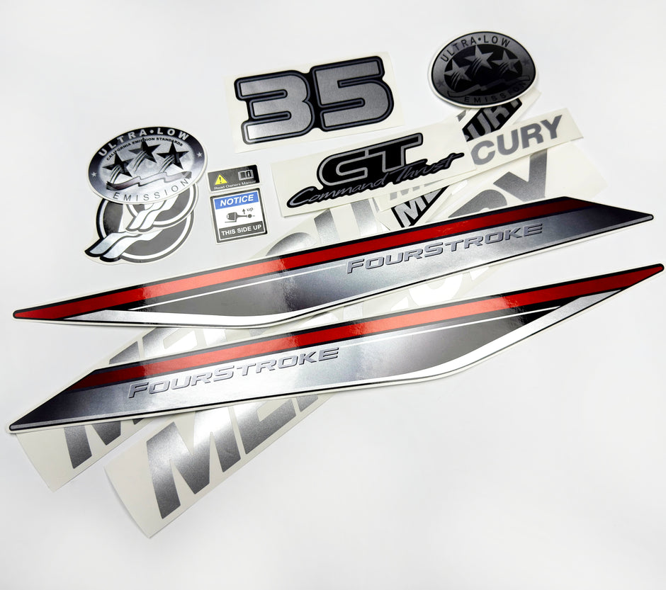 Vinyl graphic silver shimmer decals set suitable for Mercury 35 hp four stroke outboard engine. Vinyl silver shimmer stickers kit for Mercury 35 hp four stroke Handmade