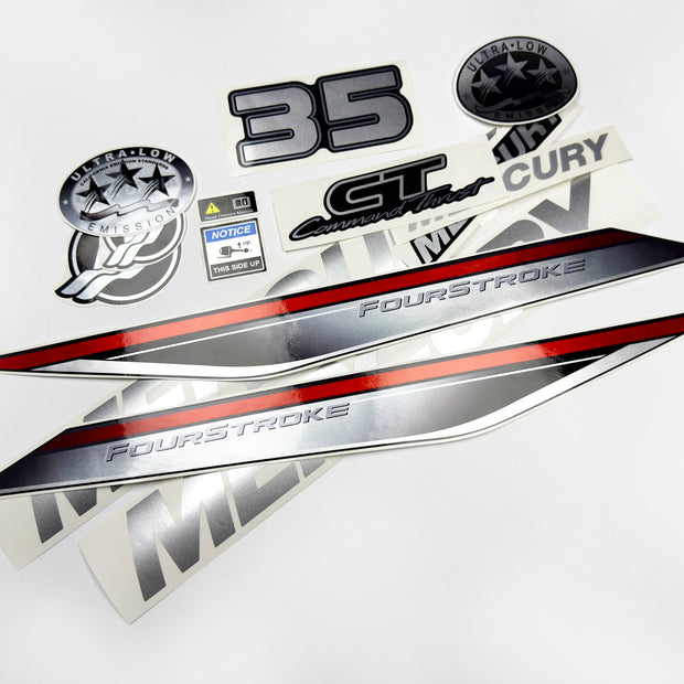 Vinyl graphic silver shimmer decals set suitable for Mercury 35 hp four stroke outboard engine. Vinyl silver shimmer stickers kit for Mercury 35 hp four stroke Handmade