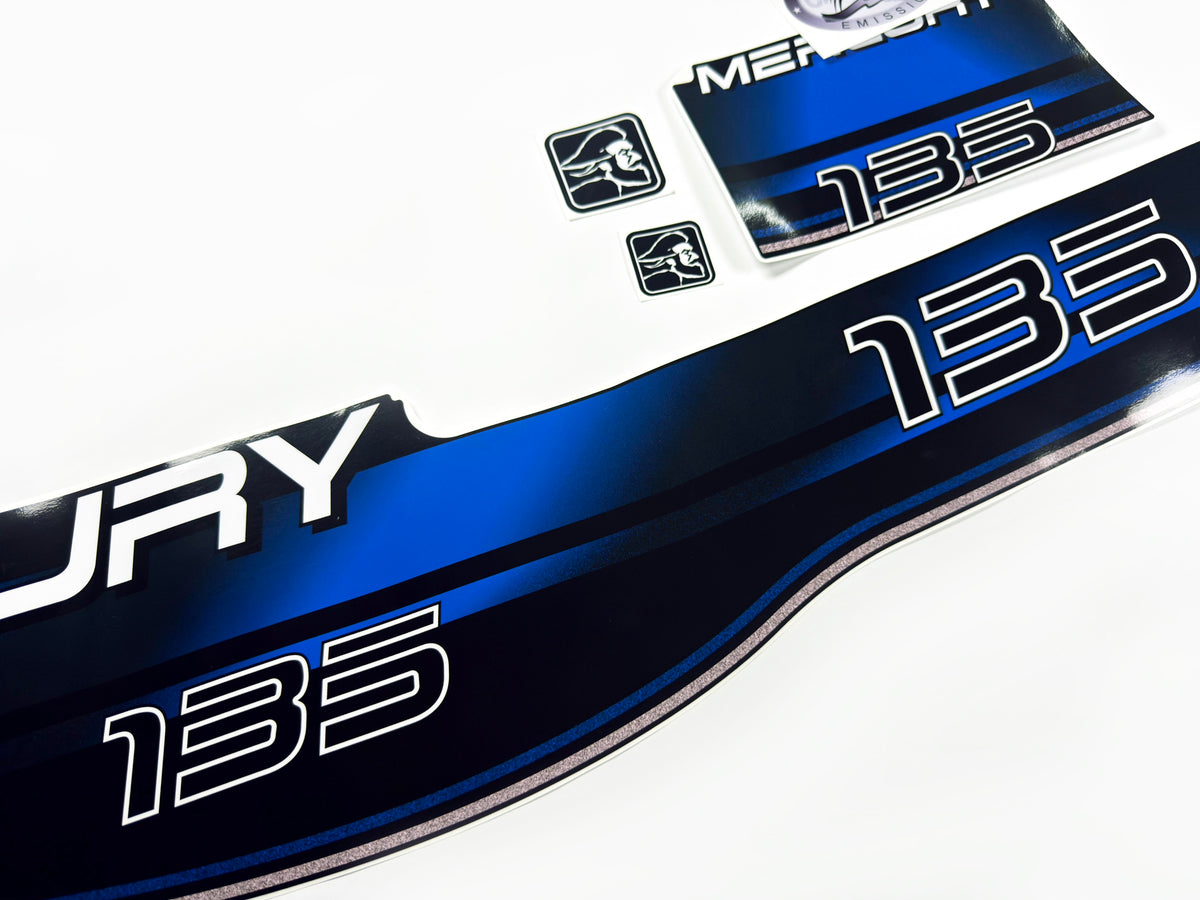 Vinyl blue graphic decals set suitable for Mercury 135 hp two stroke outboard engine. Vinyl stickers kit for Mercury 135 hp Handmade