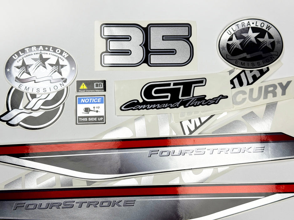 Vinyl graphic silver shimmer decals set suitable for Mercury 35 hp four stroke outboard engine. Vinyl silver shimmer stickers kit for Mercury 35 hp four stroke Handmade