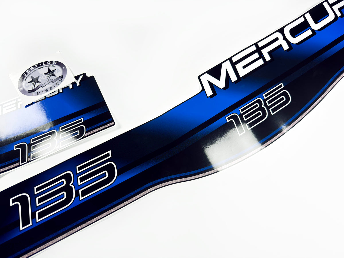 Vinyl blue graphic decals set suitable for Mercury 135 hp two stroke outboard engine. Vinyl stickers kit for Mercury 135 hp Handmade