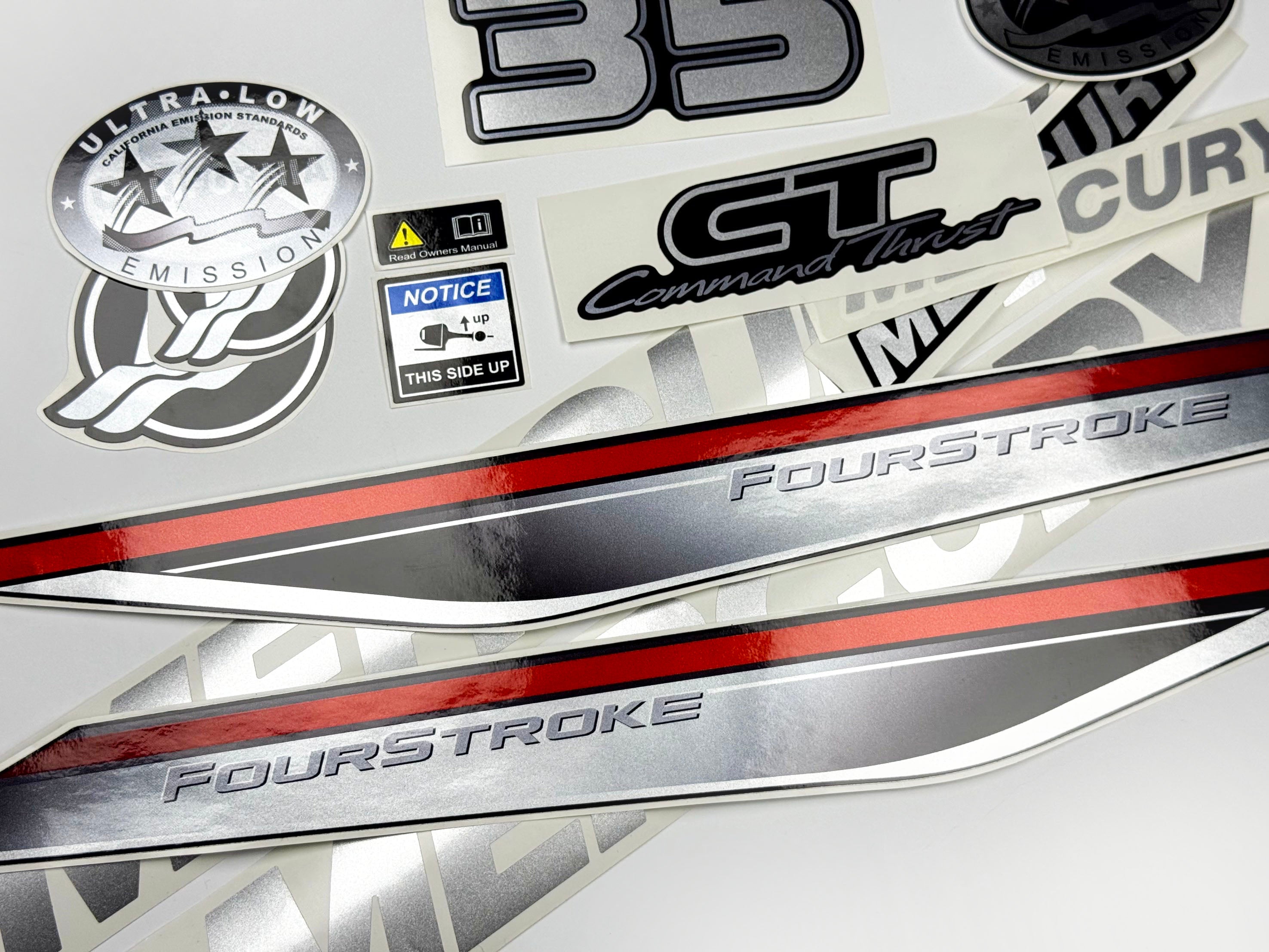 Vinyl graphic silver shimmer decals set suitable for Mercury 35 hp four stroke outboard engine. Vinyl silver shimmer stickers kit for Mercury 35 hp four stroke Handmade