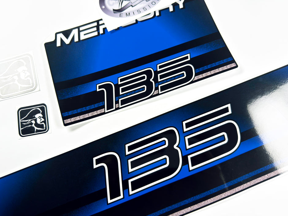 Vinyl blue graphic decals set suitable for Mercury 135 hp two stroke outboard engine. Vinyl stickers kit for Mercury 135 hp Handmade