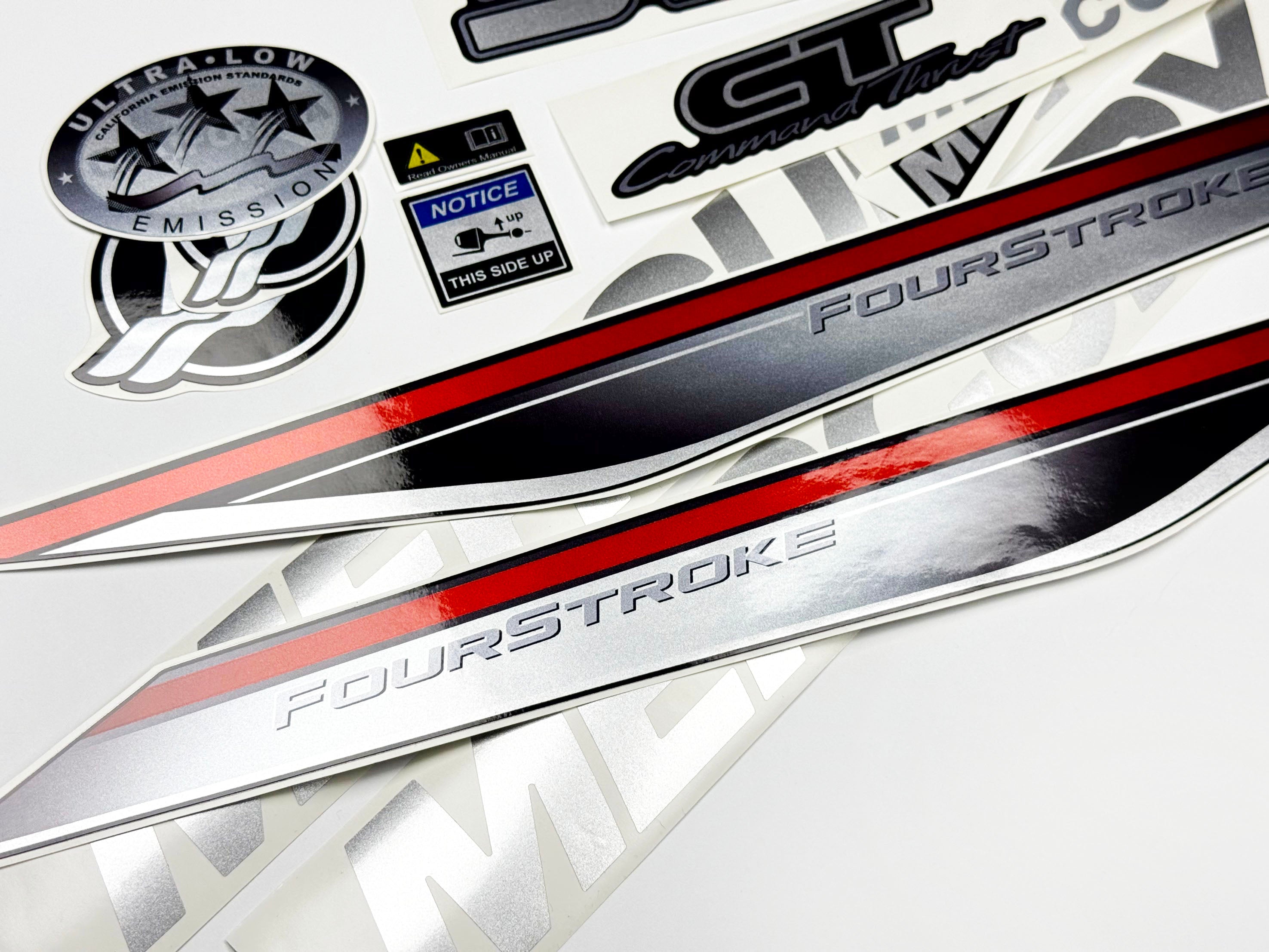 Vinyl graphic silver shimmer decals set suitable for Mercury 35 hp four stroke outboard engine. Vinyl silver shimmer stickers kit for Mercury 35 hp four stroke Handmade