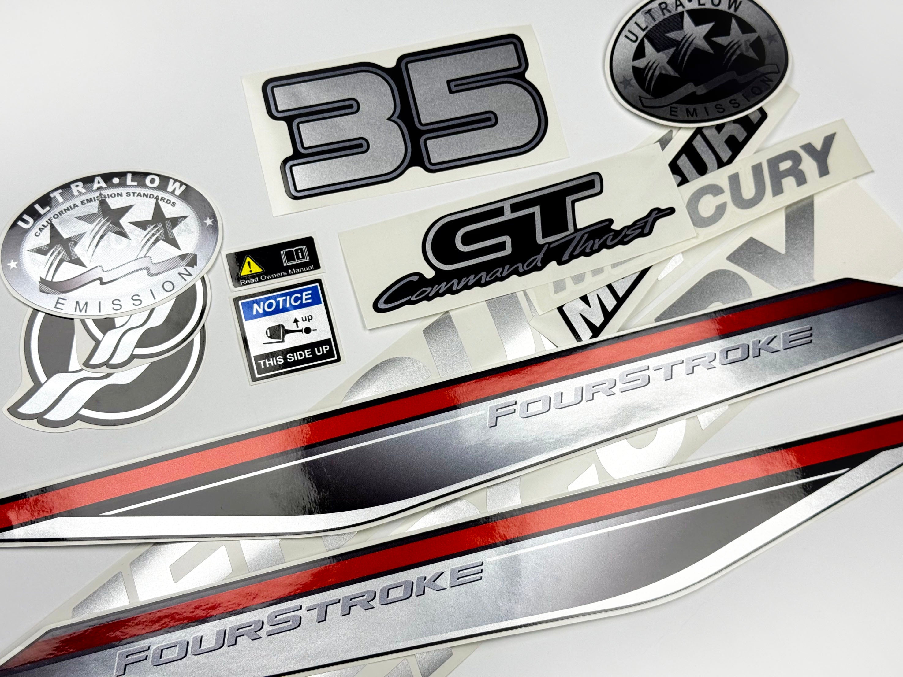 Vinyl graphic silver shimmer decals set suitable for Mercury 35 hp four stroke outboard engine. Vinyl silver shimmer stickers kit for Mercury 35 hp four stroke Handmade