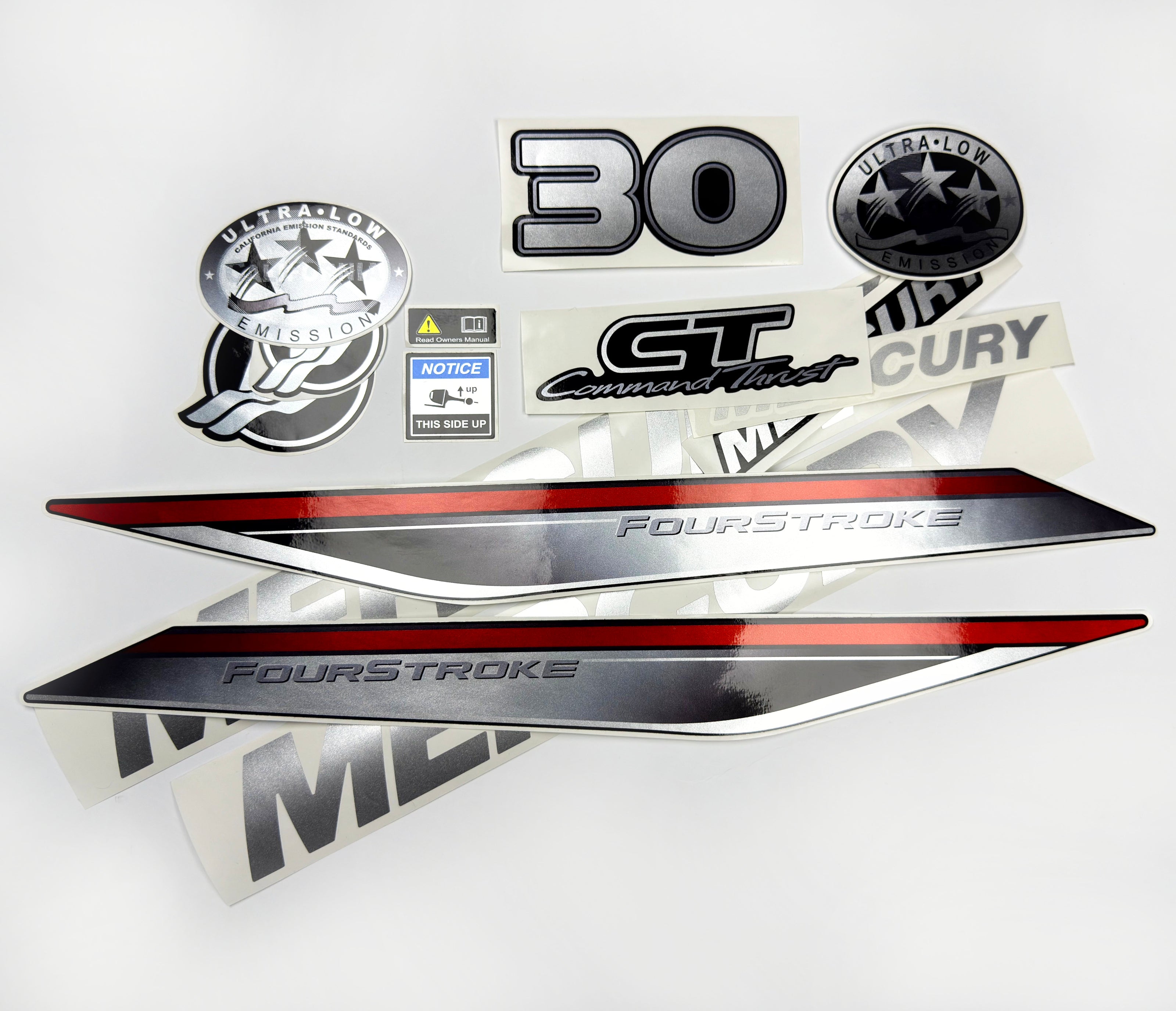 Vinyl graphic silver shimmer decals set suitable for Mercury 30 hp four stroke outboard engine. Vinyl silver shimmer stickers kit for Mercury 30 hp four stroke Handmade