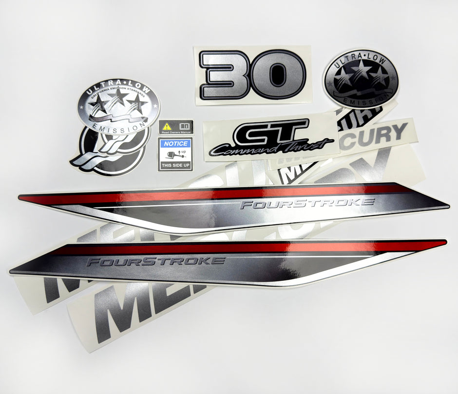Vinyl graphic silver shimmer decals set suitable for Mercury 30 hp four stroke outboard engine. Vinyl silver shimmer stickers kit for Mercury 30 hp four stroke Handmade