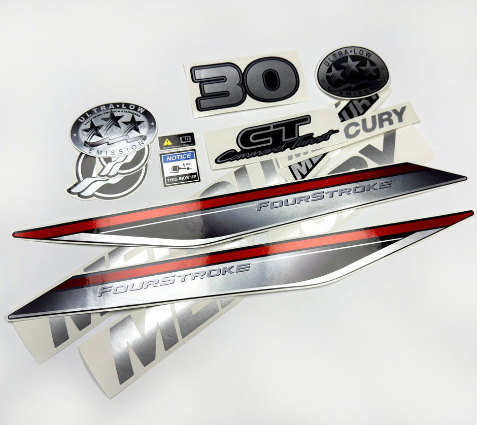 Vinyl graphic silver shimmer decals set suitable for Mercury 30 hp four stroke outboard engine. Vinyl silver shimmer stickers kit for Mercury 30 hp four stroke Handmade