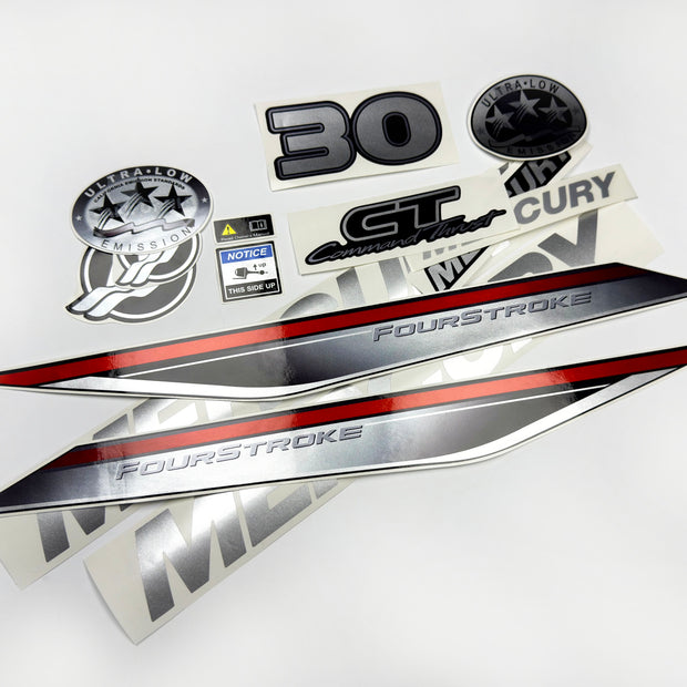 Vinyl graphic silver shimmer decals set suitable for Mercury 30 hp four stroke outboard engine. Vinyl silver shimmer stickers kit for Mercury 30 hp four stroke Handmade