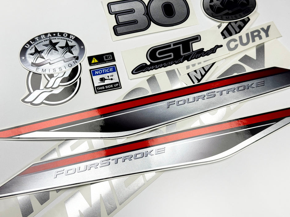 Vinyl graphic silver shimmer decals set suitable for Mercury 30 hp four stroke outboard engine. Vinyl silver shimmer stickers kit for Mercury 30 hp four stroke Handmade