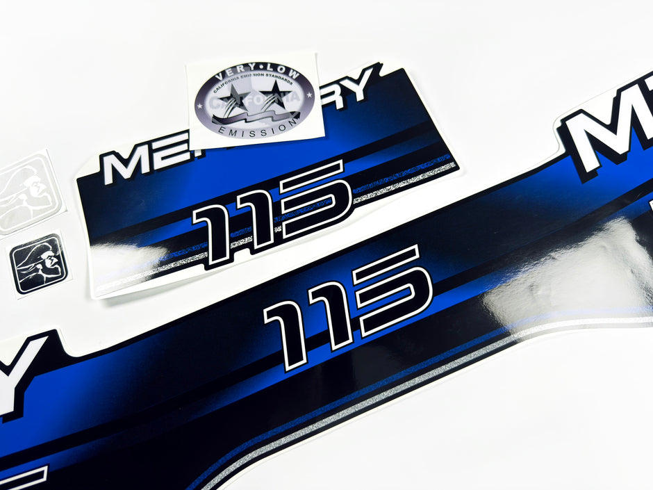 Vinyl blue graphic decals set suitable for Mercury 115 hp two stroke outboard engine. Vinyl stickers kit for Mercury 115 hp Handmade