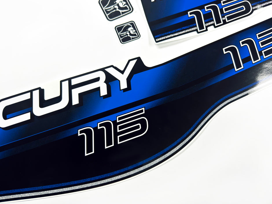 Vinyl blue graphic decals set suitable for Mercury 115 hp two stroke outboard engine. Vinyl stickers kit for Mercury 115 hp Handmade