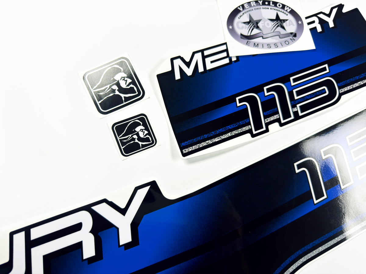 Vinyl blue graphic decals set suitable for Mercury 115 hp two stroke outboard engine. Vinyl stickers kit for Mercury 115 hp Handmade