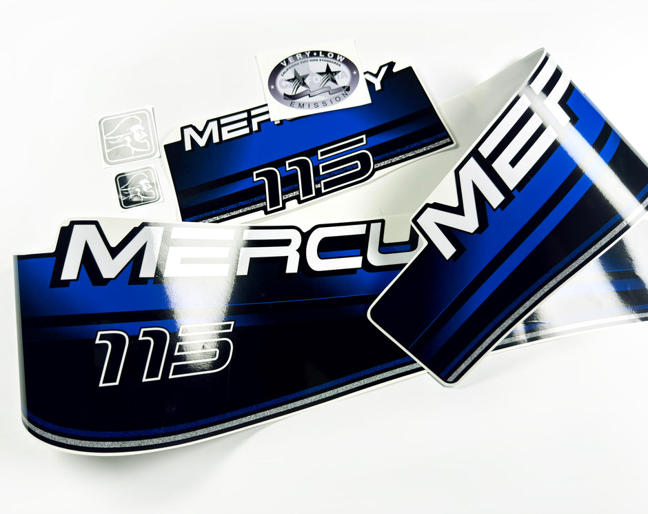 Vinyl blue graphic decals set suitable for Mercury 115 hp two stroke outboard engine. Vinyl stickers kit for Mercury 115 hp Handmade