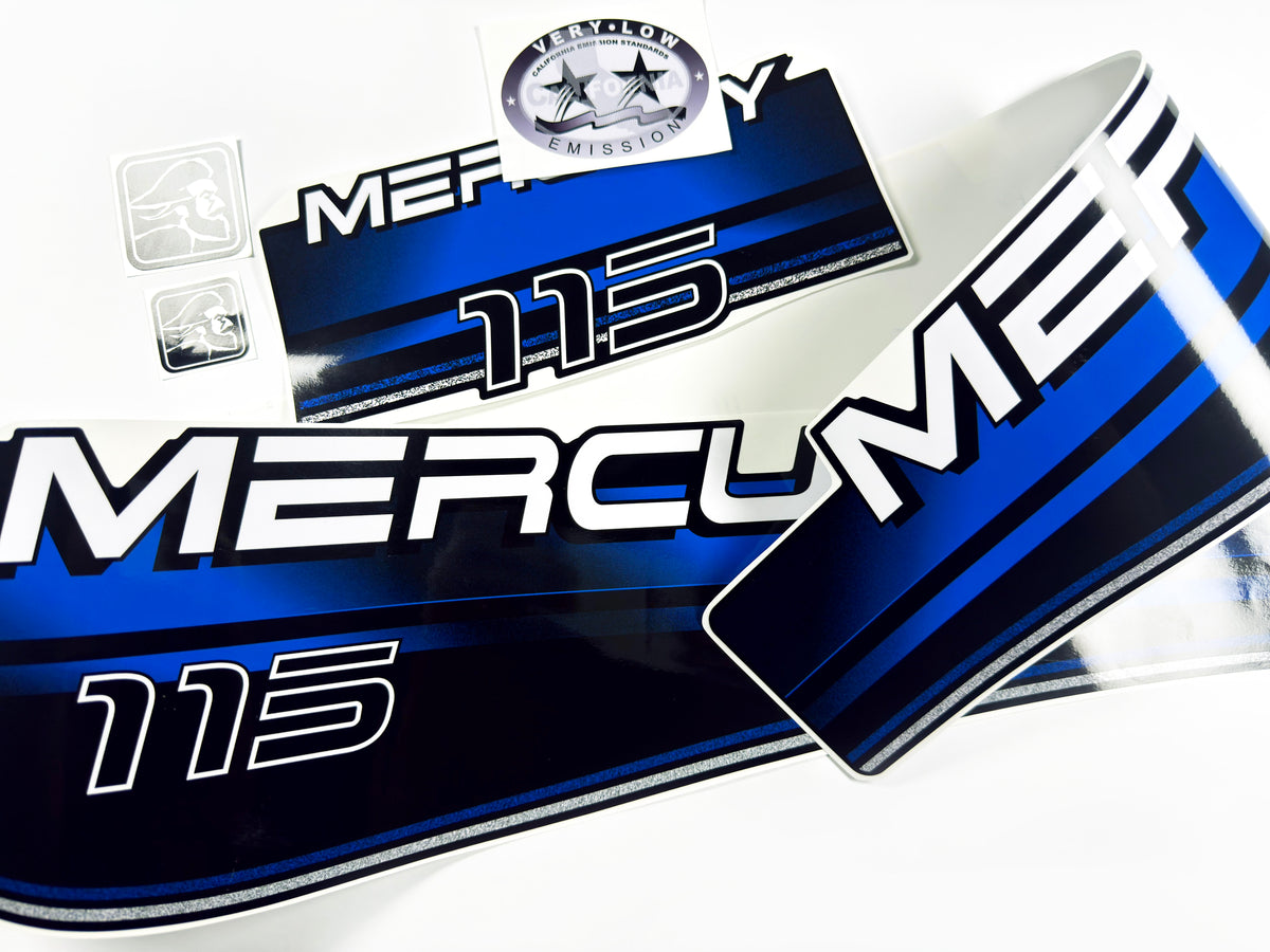 Vinyl blue graphic decals set suitable for Mercury 115 hp two stroke outboard engine. Vinyl stickers kit for Mercury 115 hp Handmade