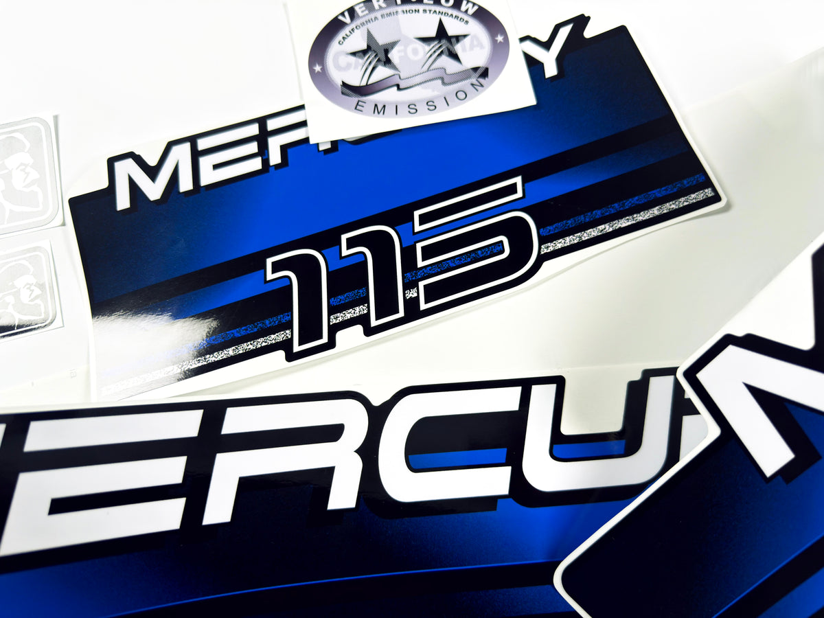 Vinyl blue graphic decals set suitable for Mercury 115 hp two stroke outboard engine. Vinyl stickers kit for Mercury 115 hp Handmade