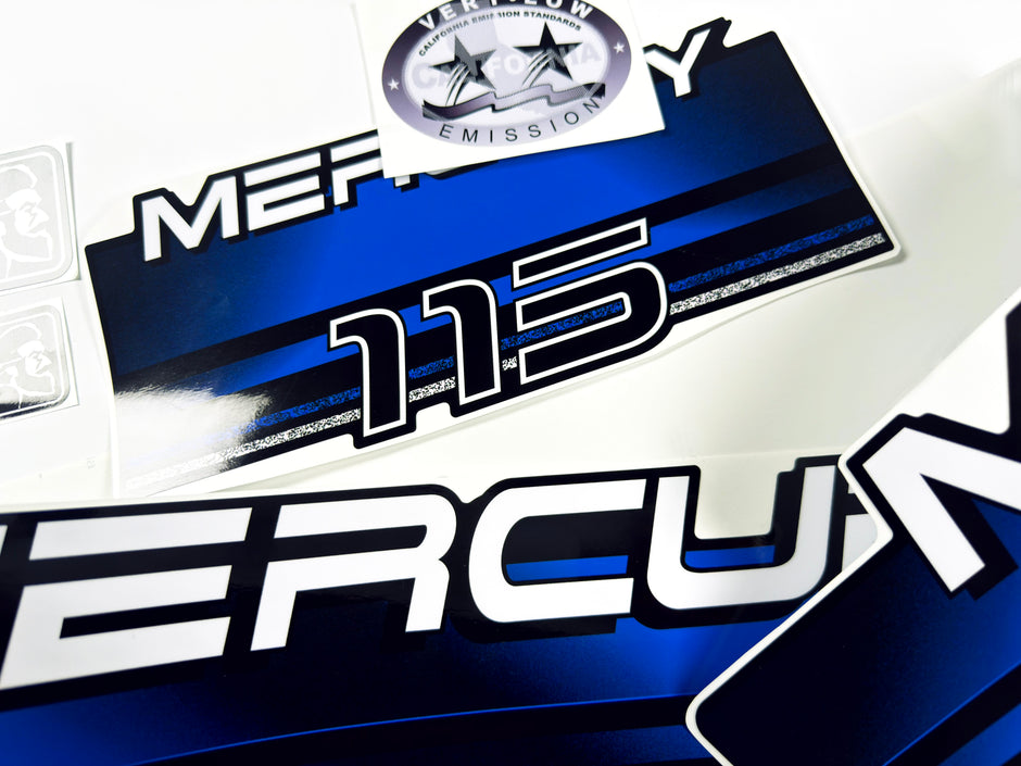 Vinyl blue graphic decals set suitable for Mercury 115 hp two stroke outboard engine. Vinyl stickers kit for Mercury 115 hp Handmade