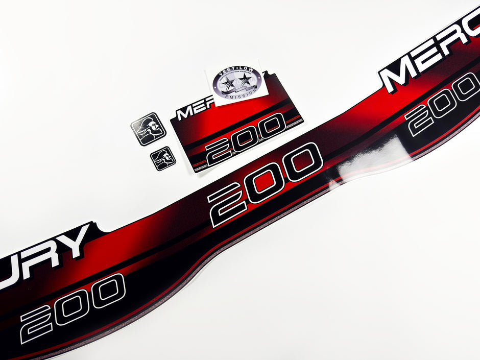 Vinyl graphic decals set suitable for Mercury 200 hp two stroke outboard engine. Vinyl stickers kit for Mercury 200 hp Handmade