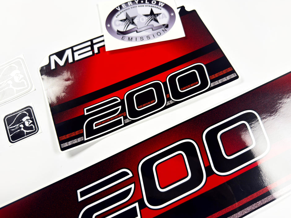 Vinyl graphic decals set suitable for Mercury 200 hp two stroke outboard engine. Vinyl stickers kit for Mercury 200 hp Handmade