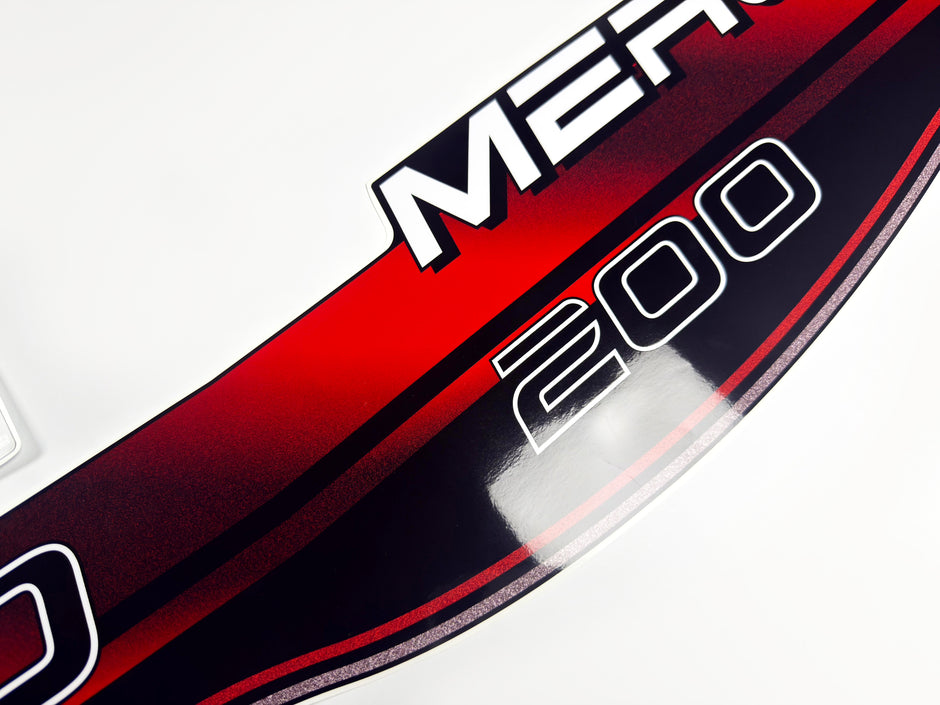 Vinyl graphic decals set suitable for Mercury 200 hp two stroke outboard engine. Vinyl stickers kit for Mercury 200 hp Handmade