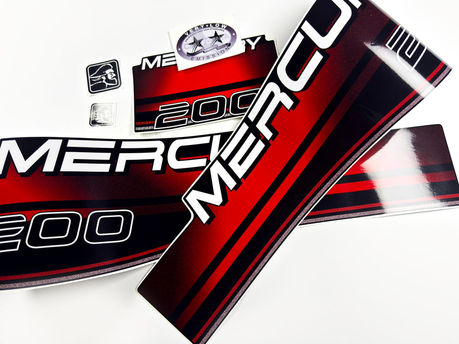 Vinyl graphic decals set suitable for Mercury 200 hp two stroke outboard engine. Vinyl stickers kit for Mercury 200 hp Handmade