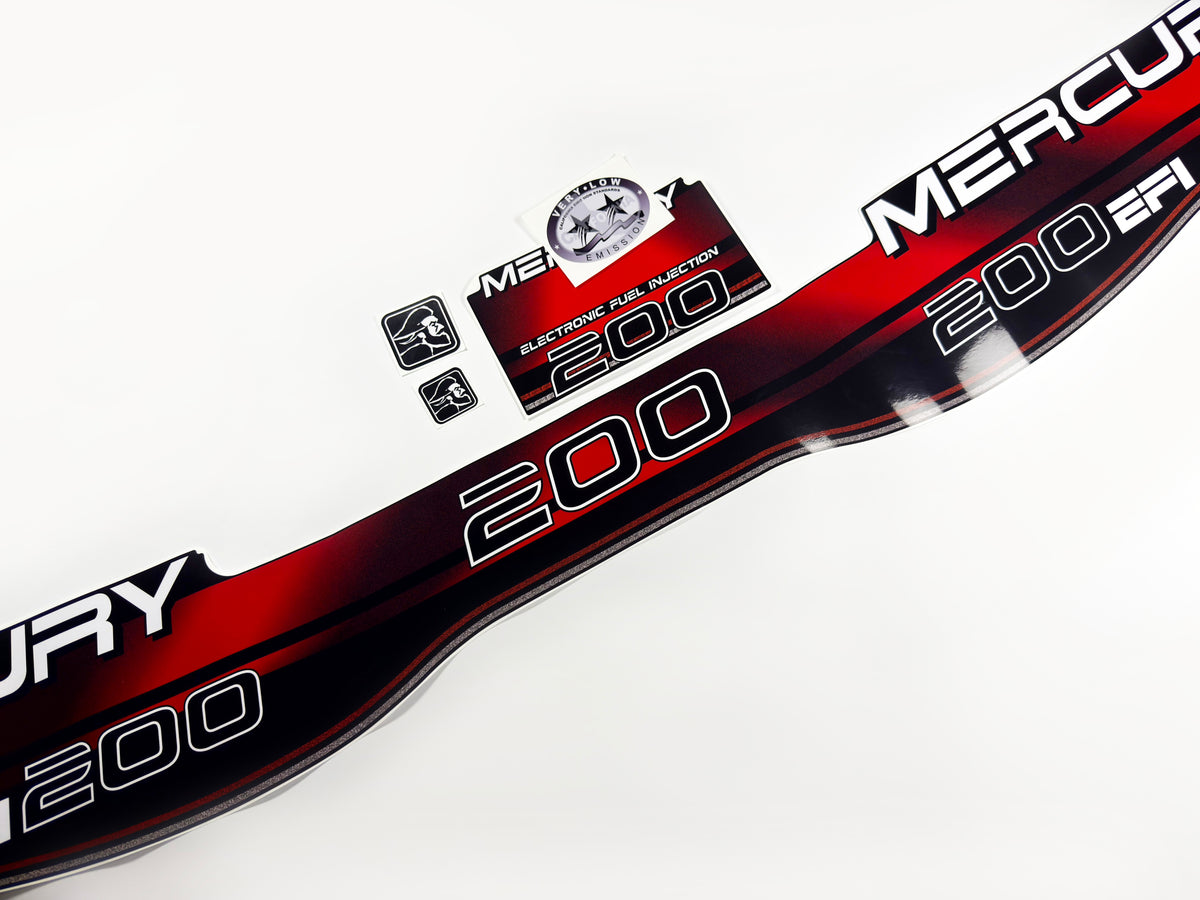 Vinyl red graphic decals set suitable for Mercury 200 hp two stroke EFI outboard engine. Vinyl stickers kit for Mercury 200 hp Handmade